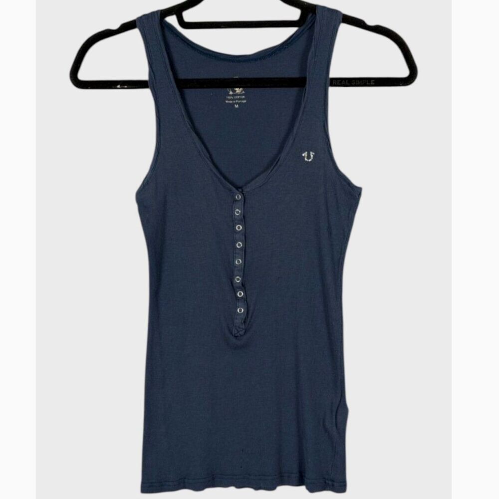 True Religion Swarovski Horseshoe Ribbed Henley Racerback Tank Top Blue M